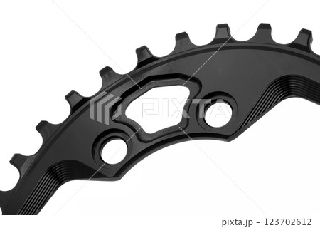 Close up of a black oval bicycle chainring against white isolated background, lies flat on the surface. Professional bicycle part. 123702612