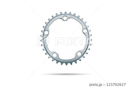 Silver round bicycle chainring against white isolated background, floating above the surface. Professional bicycle part. 123702627