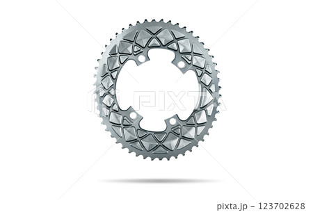 Silver oval bicycle chainring against white isolated background, floating above the surface. Professional bicycle part. 123702628