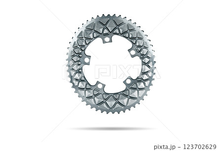 Silver oval bicycle chainring against white isolated background, floating above the surface. Professional bicycle part. Silver oval bicycle chainring against white isolated background, floating above the surface. Professional bicycle part. 123702629