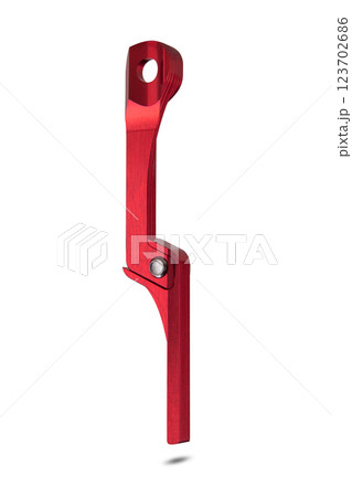 Back site of a red colored bicycle Road Chain catcher isolated on white background floating above the ground. Back site of a red colored bicycle Road Chain catcher isolated on white background floating above the ground. 123702686