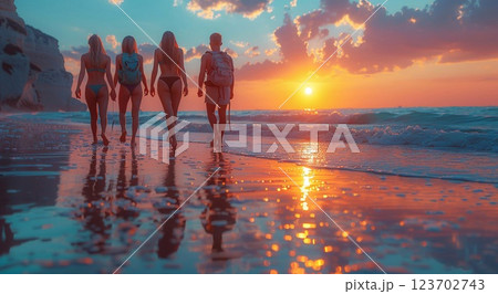 Rear view of young women walking on beach at sunset during summer holiday.Macro.AI Generative. 123702743