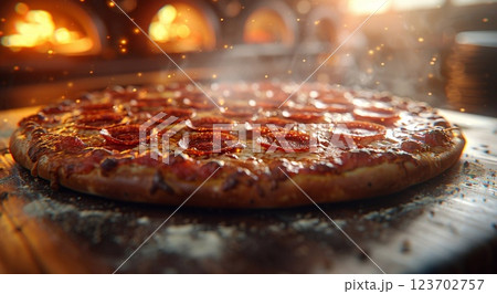 Traditional italian oven baked pepperoni pizza on table of modern piceria.Macro.AI Generative. Traditional italian oven baked pepperoni pizza on table of modern piceria.Macro.AI Generative. 123702757