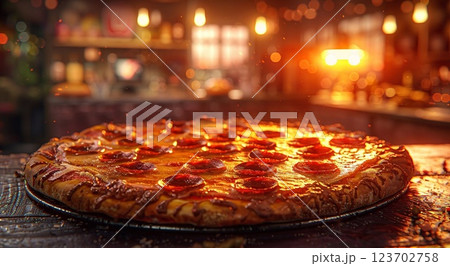Traditional italian oven baked pepperoni pizza on table of modern piceria.Macro.AI Generative. 123702758