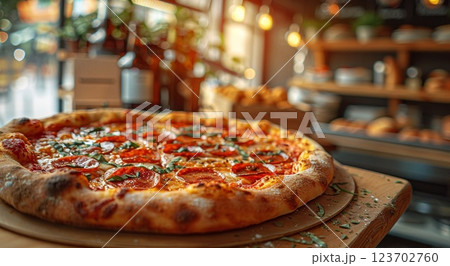 Traditional italian oven baked pizza on table of modern pizzeria.Macro.AI Generative. 123702760