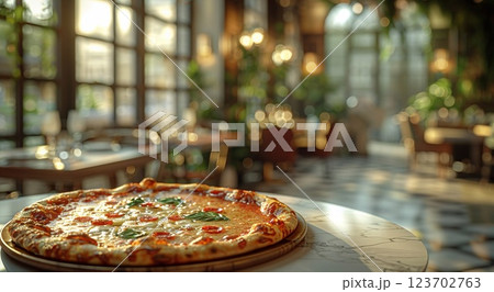 Traditional italian oven baked pizza on table of modern pizzeria.Macro.AI Generative. 123702763