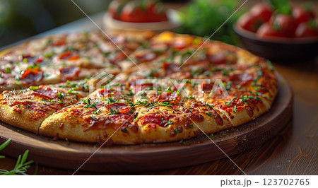 Traditional italian oven baked pepperoni pizza on table of modern piceria.Macro.AI Generative. 123702765