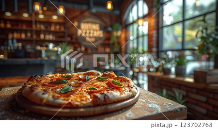Traditional italian oven baked pepperoni pizza on table of modern piceria.Macro.AI Generative. 123702768