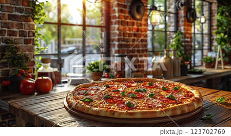 Traditional italian oven baked pepperoni pizza on table of modern piceria.Macro.AI Generative. 123702769