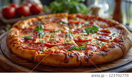 Traditional italian oven baked pepperoni pizza on table of old piceria.Macro.AI Generative. 123702770
