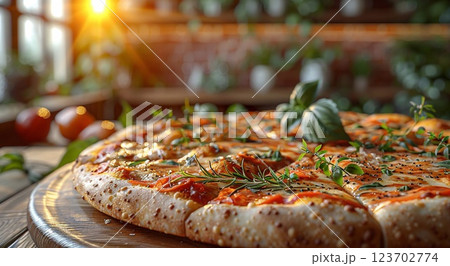 Tasty traditional deep pan pepperoni pizza on pizza table.Macro.AI Generative. 123702774