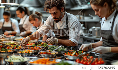 Diverse of chefs cooks working in kitchen of fine restaurant during workshop kitchen.AI Generative. Diverse of chefs cooks working in kitchen of fine restaurant during workshop kitchen.AI Generative. 123702845