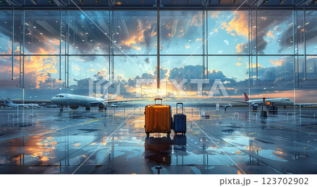 Suitcase luggage in empty airport hall, morning travel holiday concept.Macro.AI Generative. 123702902