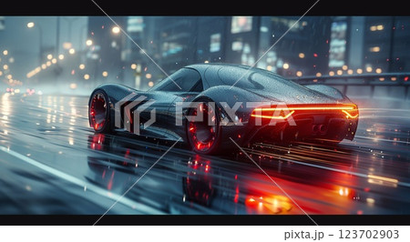 Luxury black sport car riding high speed in in night city highway road.Macro.AI Generative. 123702903