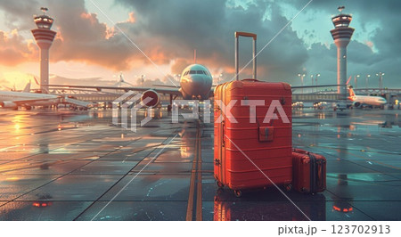 Luggage pieces standing outside airport waiting for loading proccess.Macro.AI Generative. 123702913