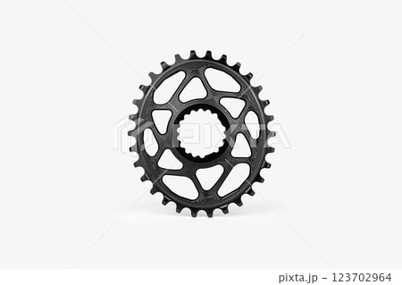 Black oval bicycle chainring against white isolated background, floating above the surface. Professional bicycle part. Black oval bicycle chainring against white isolated background, floating above the surface. Professional bicycle part. 123702964