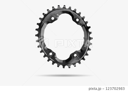 Black oval bicycle chainring against white isolated background, floating above the surface. Professional bicycle part. Black oval bicycle chainring against white isolated background, floating above the surface. Professional bicycle part. 123702983