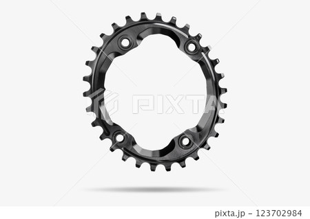 Black oval bicycle chainring against white isolated background, floating above the surface. Professional bicycle part. Black oval bicycle chainring against white isolated background, floating above the surface. Professional bicycle part. 123702984
