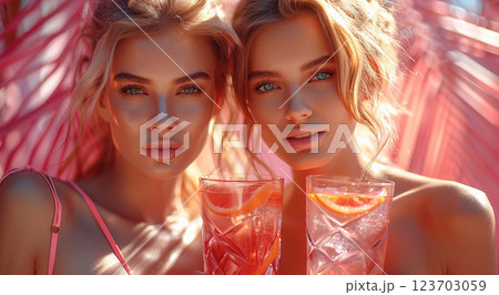 Two beautiful young women with summer cocktails on pink background with palm.Macro.AI Generative. 123703059