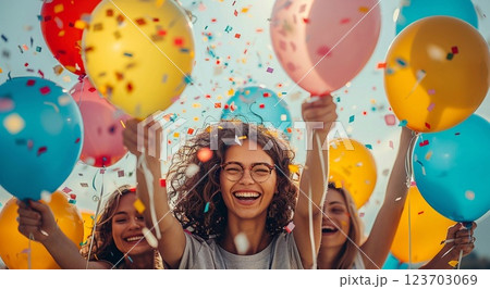 Happy co workers celebrationg company anniversary.Macro.AI Generative. 123703069