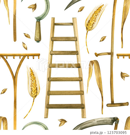 Watercolor seamless pattern harvesting, scythe for cutting grass, wheat, sickle, rake for collecting grass, ears of wheat, grains. All objects are hand-drawn with watercolors. For printing on fabric. 123703095