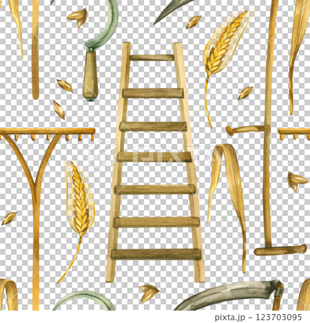 Watercolor seamless pattern harvesting, scythe for cutting grass, wheat, sickle, rake for collecting grass, ears of wheat, grains. All objects are hand-drawn with watercolors. For printing on fabric. 123703095