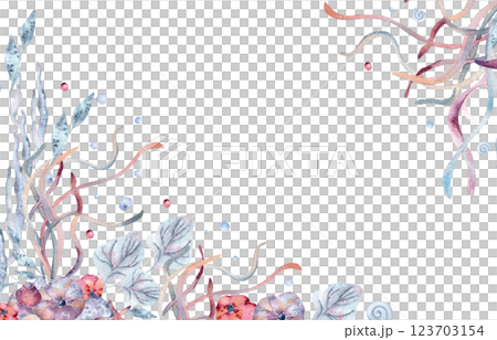 Elegant pink seaweed border with watercolor coral and ocean flora isolated. Hand drawn marine life frame in soft pastel tones for coastal design, invitations, packaging, and nautical themed decor. 123703154