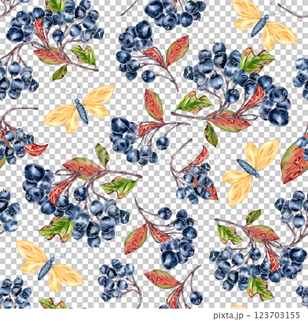 Black chokeberry on branches, autumn leaves and butterflies seamless watercolor pattern isolated. Botanical repeat print hand drawn for textiles, packaging, wrapping paper, and seasonal home decor 123703155