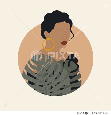 Faceless young woman in black dress aesthetic illustration. Vintage summer illustration of hispanic lady 123703170