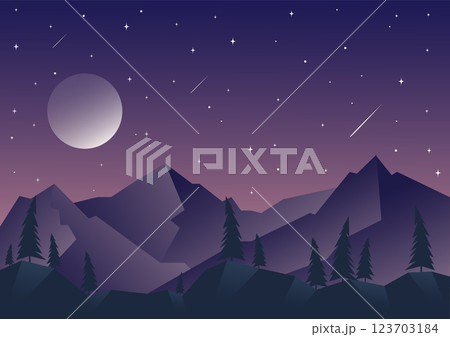 Minimalist aesthetic forest mountains landscape. Aesthetic pine tree forest under moonlight. Japan 123703184