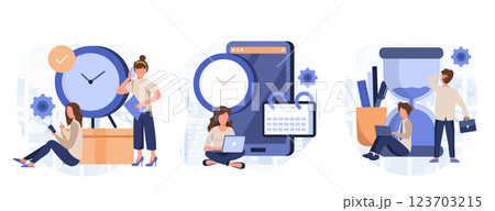 Schedule planning illustration set. Characters managing work tasks and deadline time using calendar. Time management and organization concept. Vector illustration. 123703215