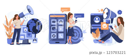 Social media marketing concept isolated person situations. Collection of scenes with people with megaphones attract new customers, advertising, promotion. Mega set. Vector illustration in flat design 123703221