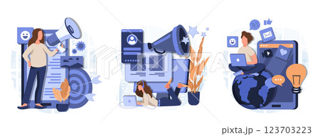 Social media marketing concept isolated person situations. Collection of scenes with people with megaphones attract new customers, advertising, promotion. Mega set. Vector illustration in flat design 123703223