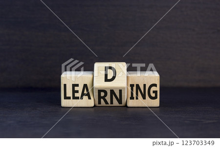 Learning or leading symbol. Concept words Learning Leading on wooden block. Beautiful black table black background. Business learning or leading concept. Copy space. 123703349