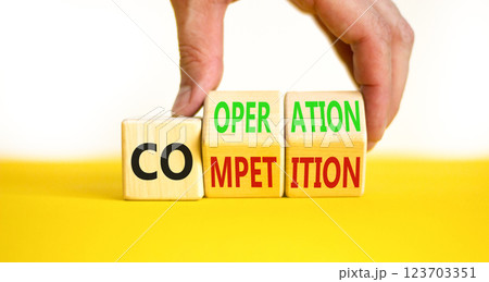 Competition or cooperation symbol. Concept word Competition or Cooperation on wooden cubes. Businessman hand. Beautiful white background. Business Competition or cooperation concept. Copy space. 123703351