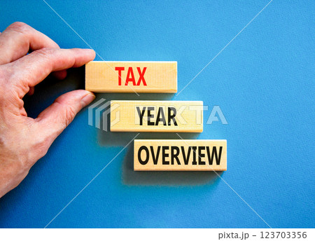 Tax year overview symbol. Concept words Tax year overview on beautiful wooden blocks. Beautiful blue background. Businessman hand. Business tax year overview concept. Copy space. 123703356