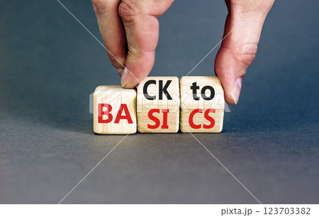 Back to basics symbol. Concept words Back to basics on wooden block. Beautiful grey table grey background. Businessman hand. Business back to basics concept. Copy space. 123703382