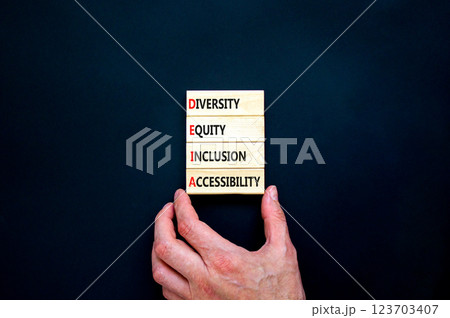 DEIA symbol. Concept words DEIA diversity equity inclusion accessibility on blocks. Beautiful black background. Business DEIA diversity equity inclusion accessibility concept. Copy space. DEIA symbol. Concept words DEIA diversity equity inclusion accessibility on blocks. Beautiful black background. Business DEIA diversity equity inclusion accessibility concept. Copy space. 123703407