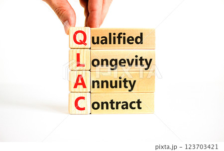 QLAC symbol. Concept word QLAC Qualified Longevity Annuity Contract on beautiful wooden blocks. Beautiful white background. Business QLAC Qualified Longevity Annuity Contract concept. Copy space. 123703421