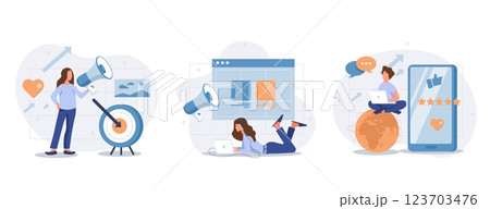 Social media marketing concept isolated person situations. Collection of scenes with people with megaphones attract new customers, advertising, promotion. Mega set. Vector illustration in flat design 123703476