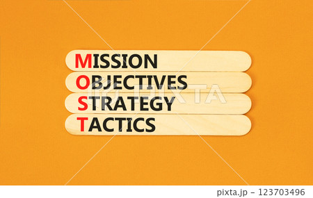 MOST symbol. Concept word MOST Mission Objectives Strategy Tactics on wooden sticks. Beautiful orange background. Business motivational MOST Mission Objectives Strategy Tactics concept. Copy space 123703496