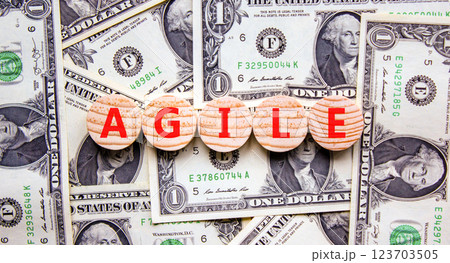 Agile symbol. Concept word Agile on beautiful wooden circles. Beautiful dollar bills. Beautiful background from dollar bills. Business flexible and agile concept. Copy space. 123703505