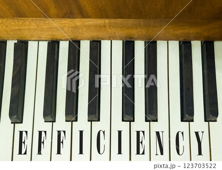 Efficiency symbol. Concept word Efficiency on beautiful keys of the old retro piano. Beautiful piano-keys background. Black and white keys of the piano. Business efficiency concept. Copy space. Efficiency symbol. Concept word Efficiency on beautiful keys of the old retro piano. Beautiful piano-keys background. Black and white keys of the piano. Business efficiency concept. Copy space. 123703522