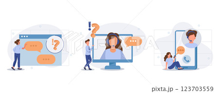 Vector illustration, customer service, hotline operator advises customer, online global technical support, customer and operator vector. Technicians with lap tops Vector illustration, customer service, hotline operator advises customer, online global technical support, customer and operator vector. Technicians with lap tops 123703559