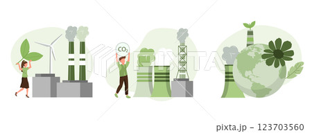 Sustainability illustration set. Coal power station producing CO2 emission pollution and sustainable clean factory with renewable energy. Climate change concept. Vector illustration. Sustainability illustration set. Coal power station producing CO2 emission pollution and sustainable clean factory with renewable energy. Climate change concept. Vector illustration. 123703560