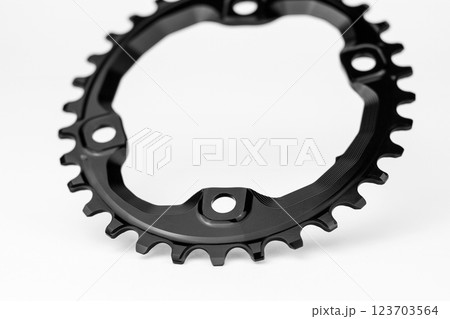 Black oval bicycle chainring against white isolated background, lies flat on the surface. Professional bicycle part. Black oval bicycle chainring against white isolated background, lies flat on the surface. Professional bicycle part. 123703564