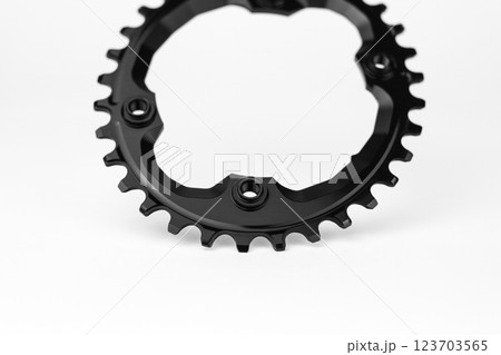 Black oval bicycle chainring against white isolated background, lies flat on the surface. Professional bicycle part. Black oval bicycle chainring against white isolated background, lies flat on the surface. Professional bicycle part. 123703565