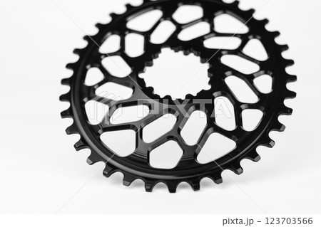 Black oval bicycle chainring against white isolated background, lies flat on the surface. Professional bicycle part. Black oval bicycle chainring against white isolated background, lies flat on the surface. Professional bicycle part. 123703566