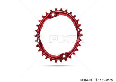 Red oval bicycle chainring against white isolated background, floating above the surface. Professional bicycle part. Red oval bicycle chainring against white isolated background, floating above the surface. Professional bicycle part. 123703620