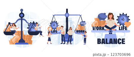 Work and life balance. Tiny people keep harmony choose between career and money versus love and time, leisure or business. Modern flat cartoon style. Vector illustration collection of scenes 123703696